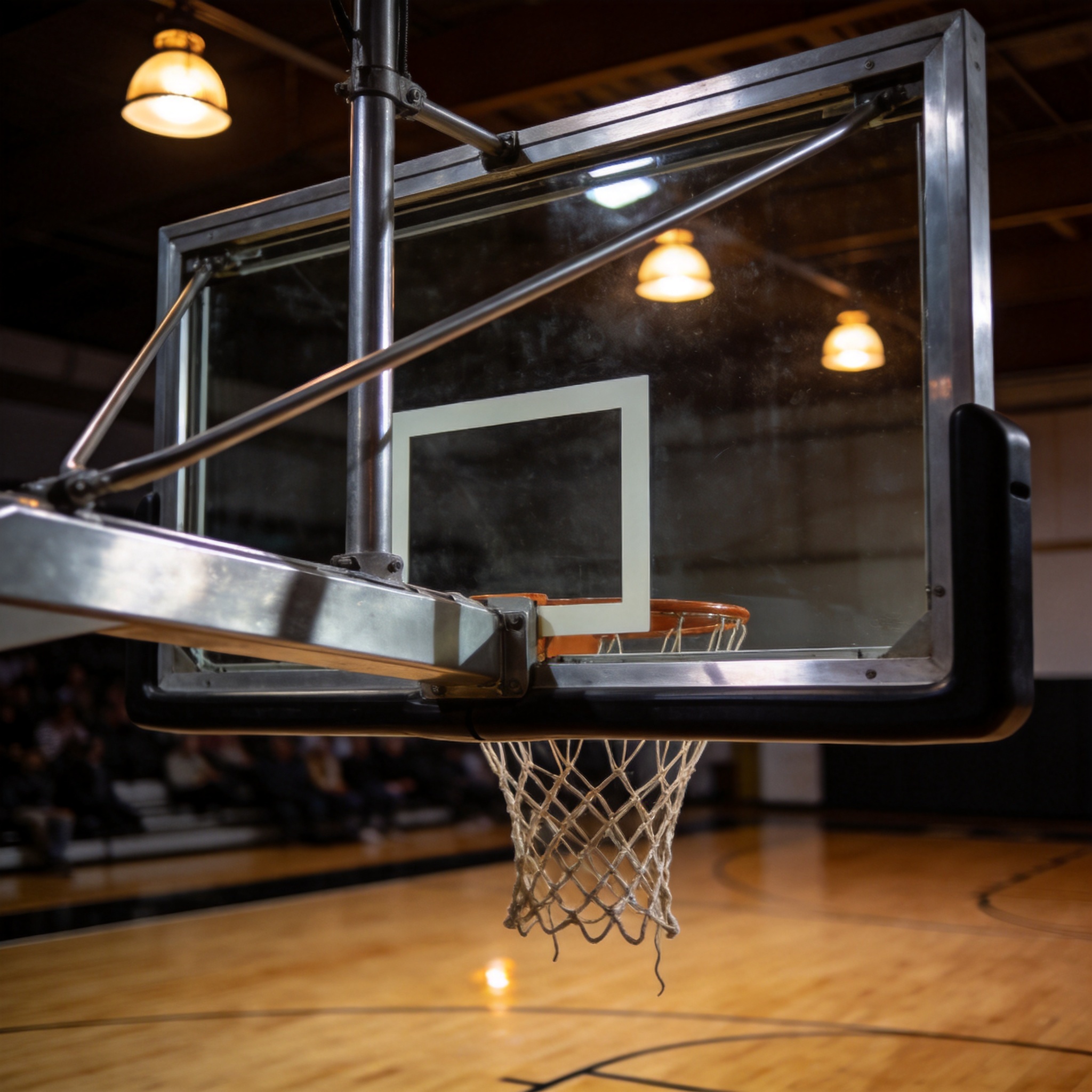 室内篮球场木地板与篮筐照片，用于说明篮球与 NBA 赛事内容覆盖模块的范围